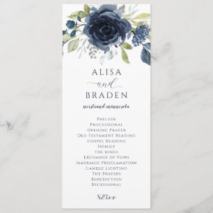 Navy Blue Silver Floral Watercolor Wedding Programme
