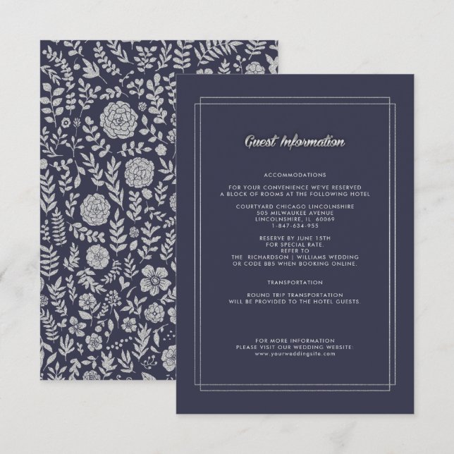Navy Blue | Silver Floral Wedding Details Card (Front/Back)