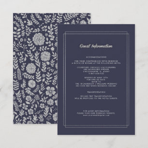 Navy Blue Silver Floral Wedding Details Card