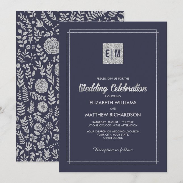 Navy Blue | Silver Floral Wedding Invitation (Front/Back)