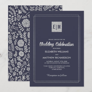 Navy Blue   Silver Floral Wedding Invitation