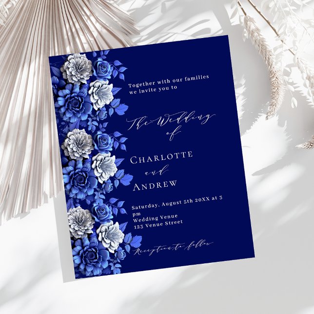 Navy blue silver florals budget wedding invitation flyer (Creator Uploaded)