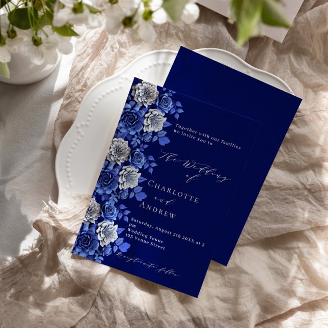 Navy blue silver florals script luxury wedding invitation (Creator Uploaded)