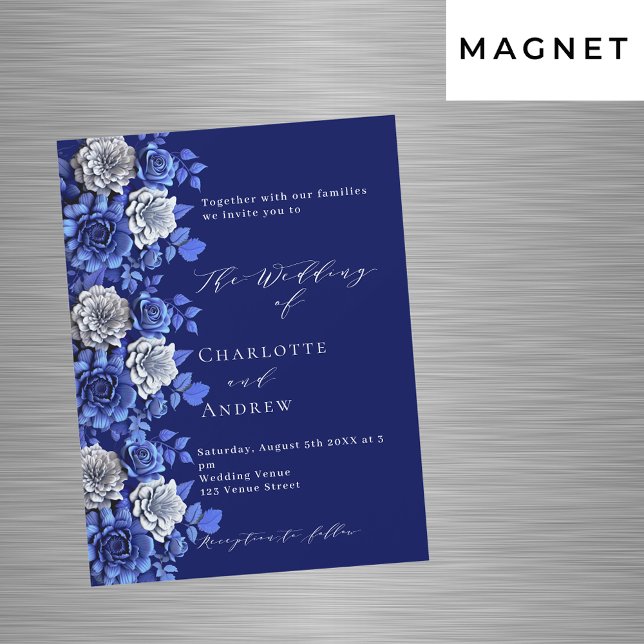 Navy blue silver florals script luxury wedding magnetic invitation (Creator Uploaded)
