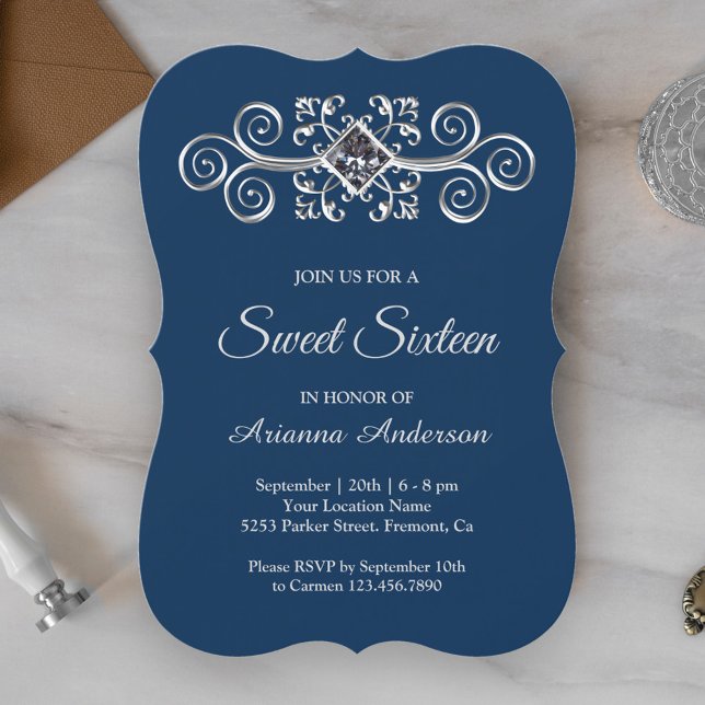 Navy Blue Silver Flourish Diamond Sweet Sixteen Invitation (Creator Uploaded)