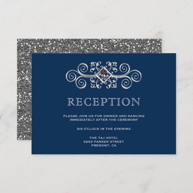 Navy Blue Silver Flourish Reception Enclosure Invitation (Front/Back)