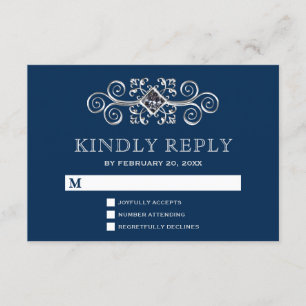 Navy Blue Silver Flourish RSVP