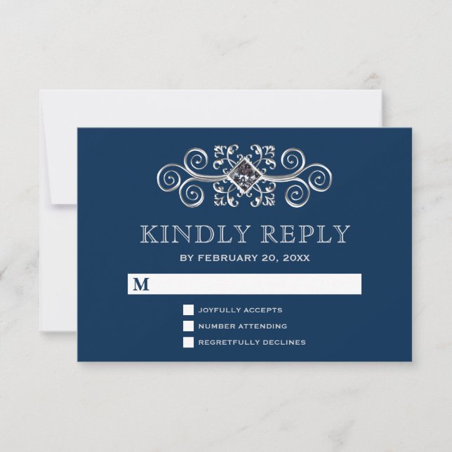 Navy Blue Silver Flourish RSVP (Front)