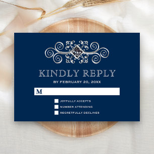 Navy Blue Silver Flourish RSVP