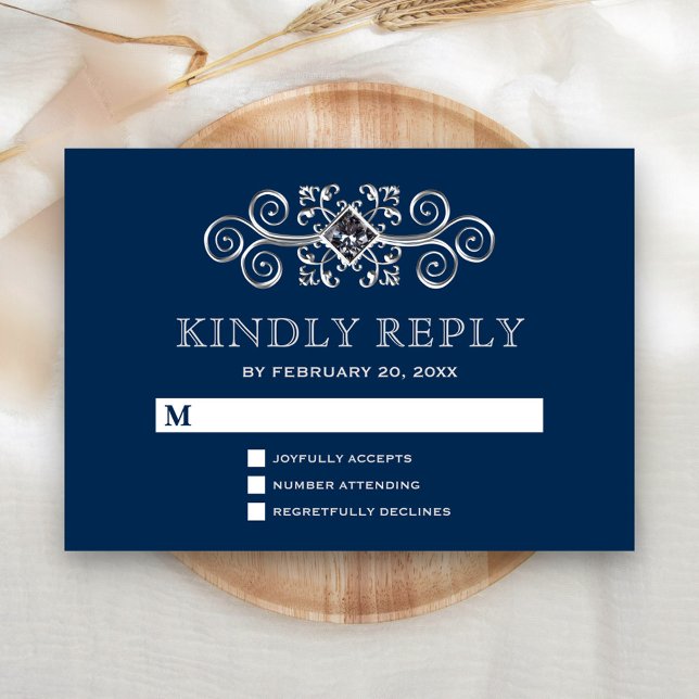 Navy Blue Silver Flourish RSVP Card (Creator Uploaded)