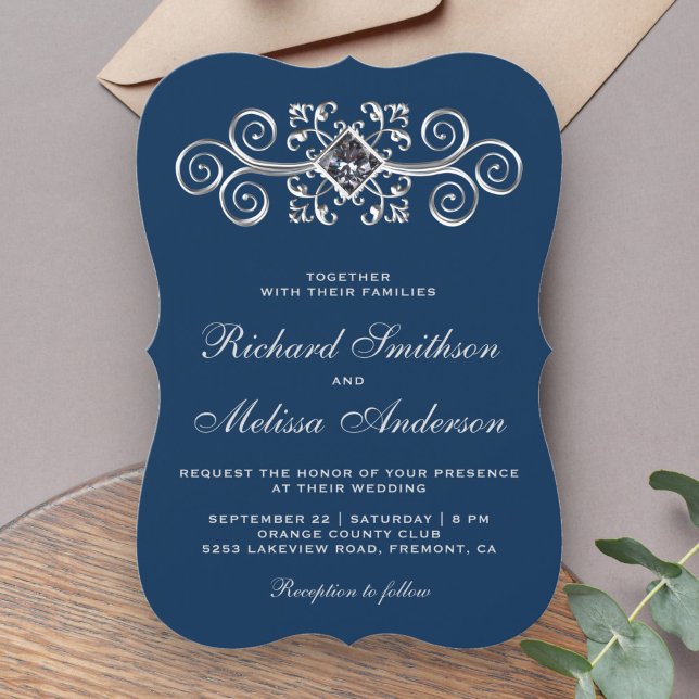 Navy Blue Silver Flourish Wedding Invitation (Creator Uploaded)