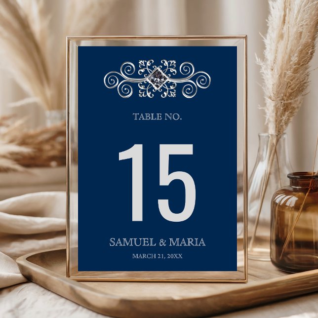 Navy Blue Silver Flourish Wedding Table Number (Creator Uploaded)