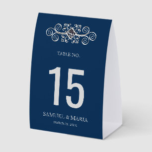 Navy Blue Silver Flourish Wedding Table Number