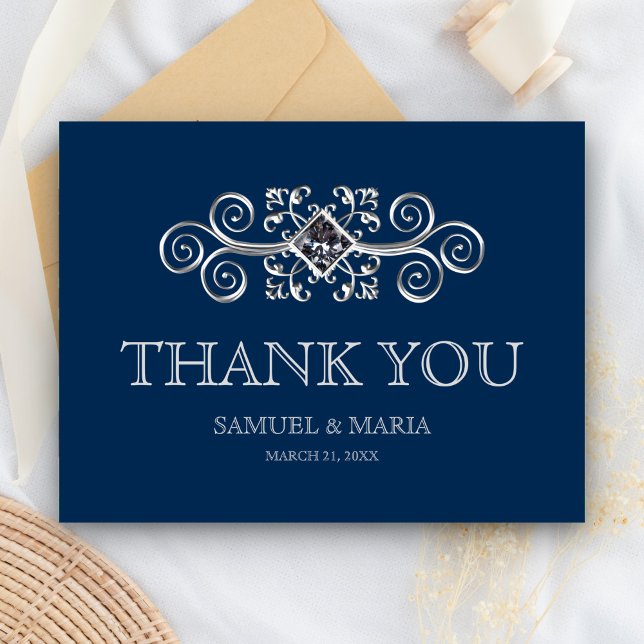 Navy Blue Silver Flourish Wedding Thank You Postcard (Creator Uploaded)
