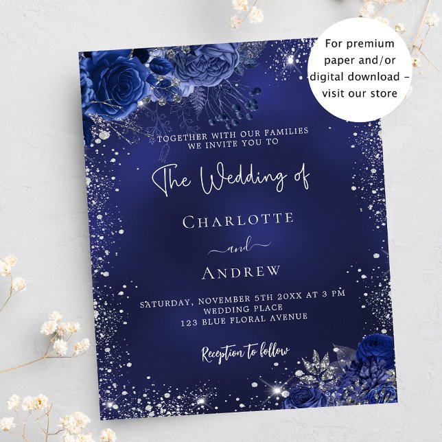 Navy blue silver flowers budget wedding invitation flyer (Creator Uploaded)