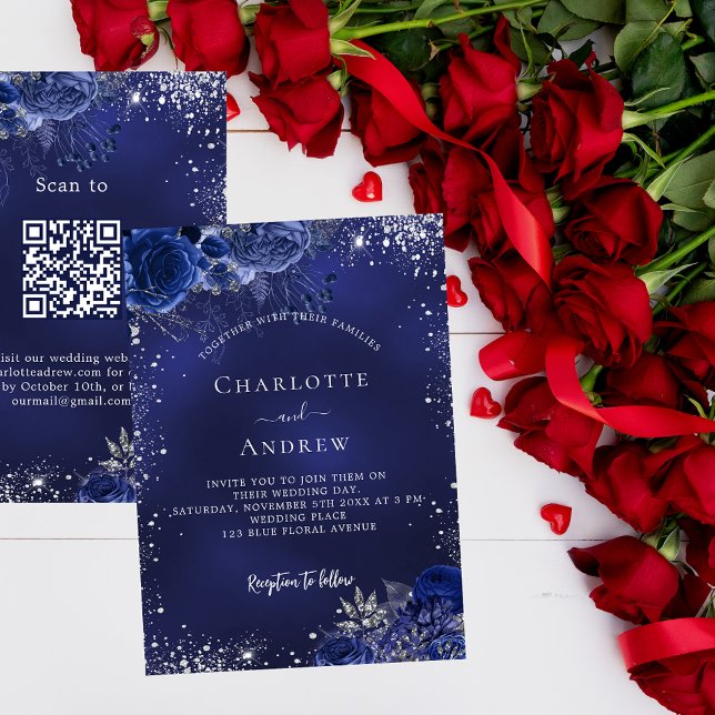 Navy blue silver flowers QR code RSVP wedding Invitation (Creator Uploaded)