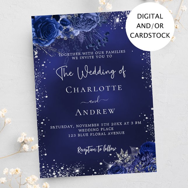 Navy blue silver flowers script wedding invitation (Creator Uploaded)