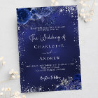 Navy blue silver flowers script wedding