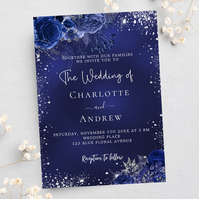 Navy blue silver flowers script wedding invitation postcard (Creator Uploaded)
