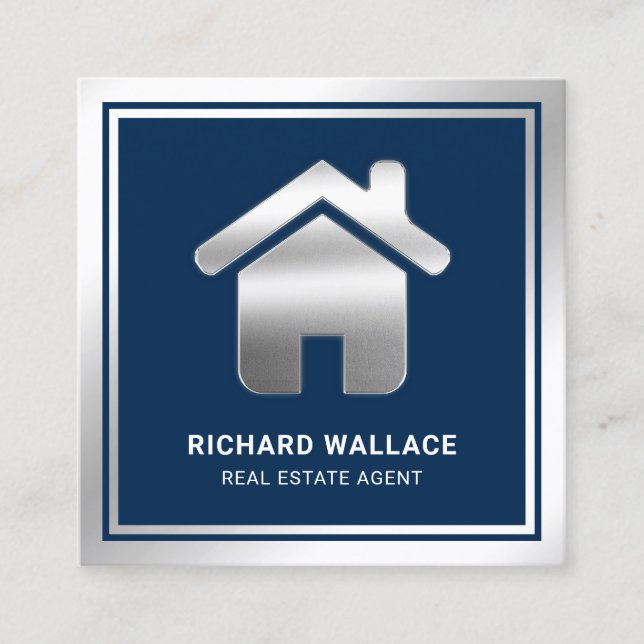 Navy Blue Silver Foil Home Logo Real Estate Agent Square Business Card (Front)