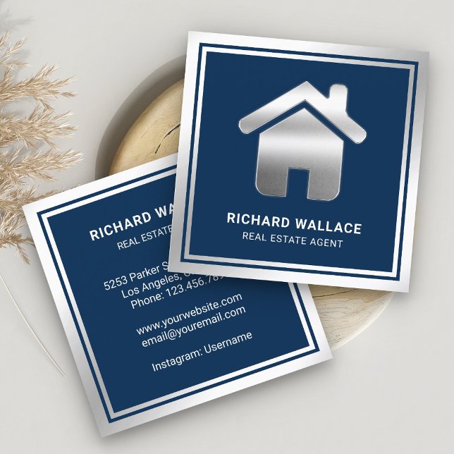 Navy Blue Silver Foil Home Logo Real Estate Agent Square Business Card (Creator Uploaded)