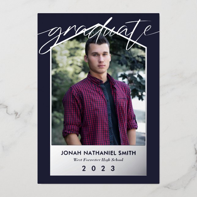 Navy Blue Silver Foil Photo Graduate (Front)