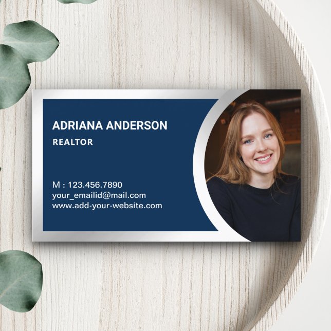 Navy Blue Silver Foil Real Estate Photo Realtor Business Card (Creator Uploaded)