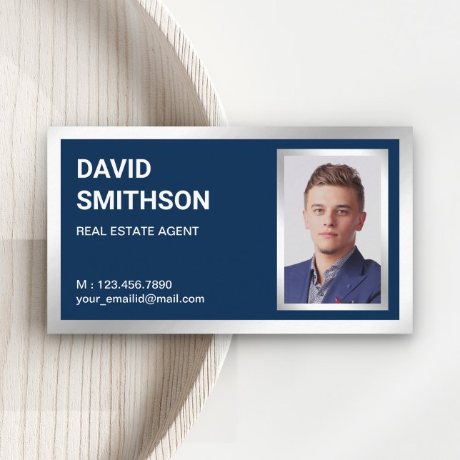 Navy Blue Silver Foil Real Estate Realtor Photo Business Card (Creator Uploaded)