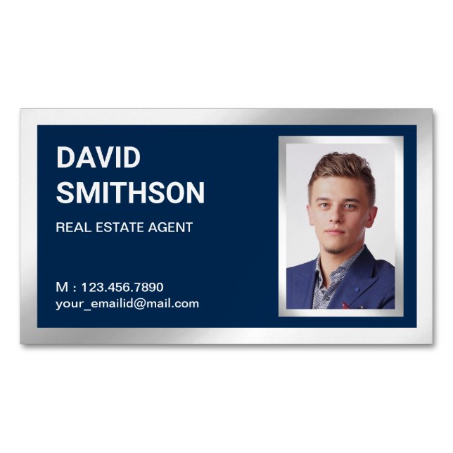 Navy Blue Silver Foil Real Estate Realtor Photo Magnetic Business Card (Front)