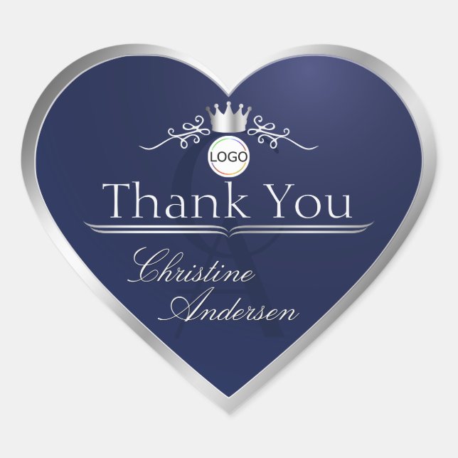Navy Blue Silver Frame Logo and Monogram Thank You Heart Sticker (Front)