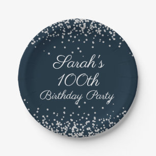 Navy Blue Silver Glitter 100th Birthday Party Paper Plate