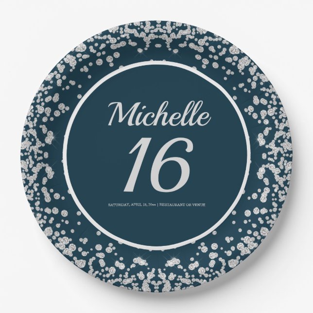 Navy Blue Silver Glitter 16th Birthday Paper Plate (Front)
