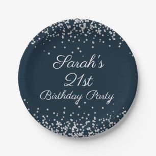 Navy Blue Silver Glitter 21st Birthday Party Paper Plate