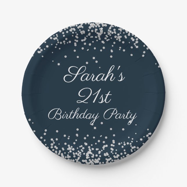 Navy Blue Silver Glitter 21st Birthday Party Paper Plate (Front)