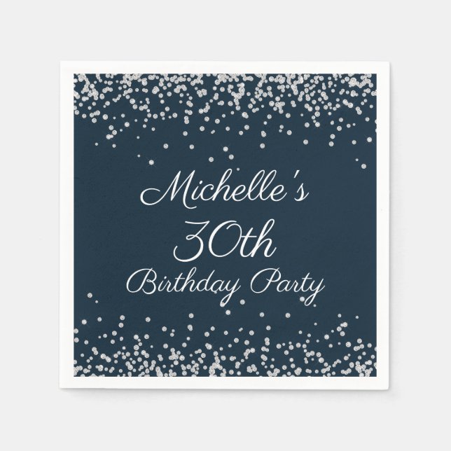 Navy Blue Silver Glitter 30th Birthday Party Napkin (Front)