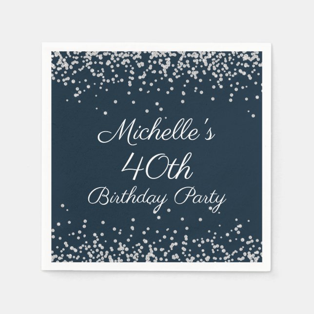 Navy Blue Silver Glitter 40th Birthday Party Napkin (Front)
