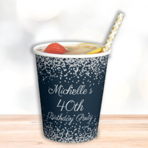 Navy Blue Silver Glitter 40th Birthday Party Paper Cups