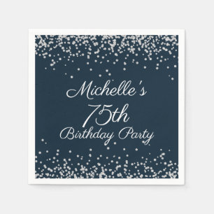 Navy Blue Silver Glitter 75th Birthday Party Napkin