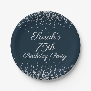 Navy Blue Silver Glitter 75th Birthday Party Paper Plate