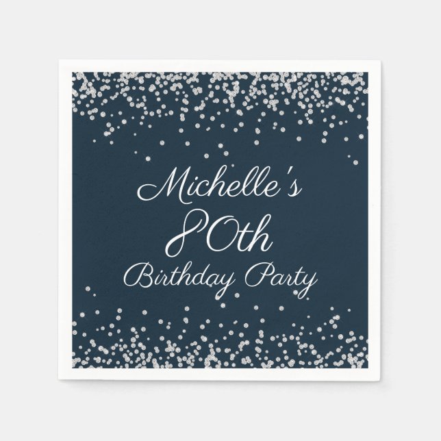 Navy Blue Silver Glitter 80th Birthday Party Napkin (Front)