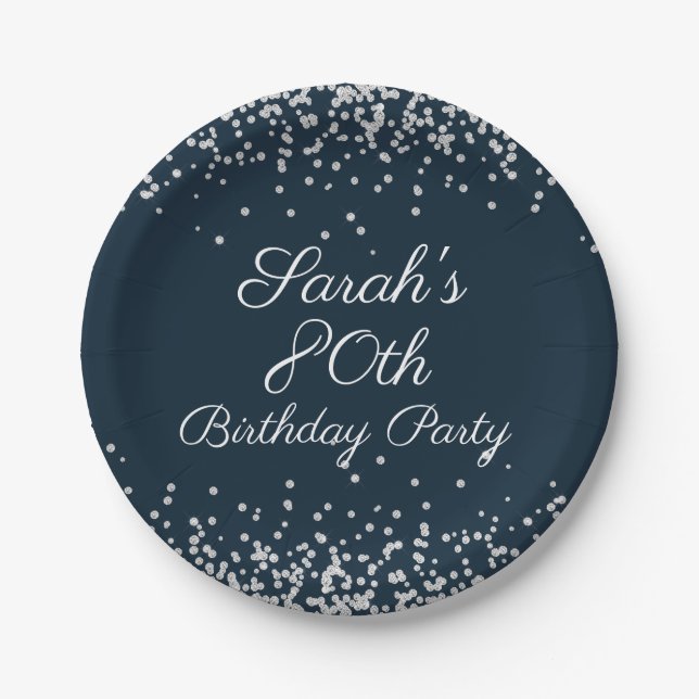 Navy Blue Silver Glitter 80th Birthday Party Paper Plate (Front)