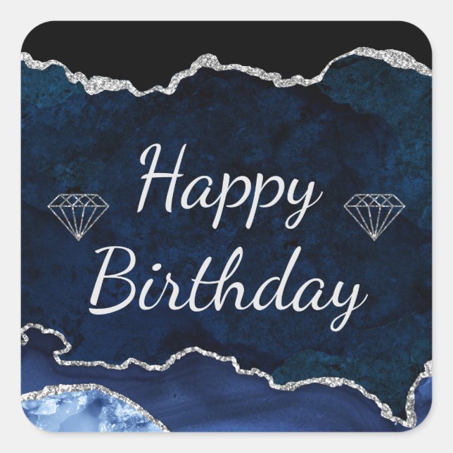 Navy blue & Silver Glitter Agate Happy Birthday Square Sticker (Front)