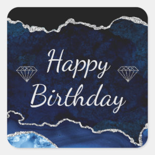 Navy blue & Silver Glitter Agate Happy Birthday Square Sticker