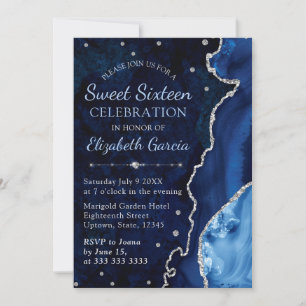 Navy Blue & Silver Glitter Agate marble Sweet 16 Invitation
