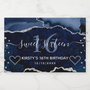 Navy Blue & Silver Glitter Agate Marble Sweet 16 Sparkling Wine Label