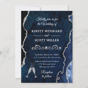 Navy Blue & Silver Glitter Agate & Marble Wedding Invitation