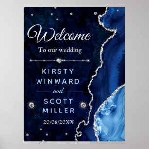 Navy Blue & Silver Glitter Agate & marble Wedding  Poster