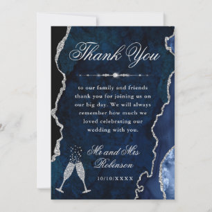Navy Blue & Silver Glitter Agate & Marble Wedding Thank You Card