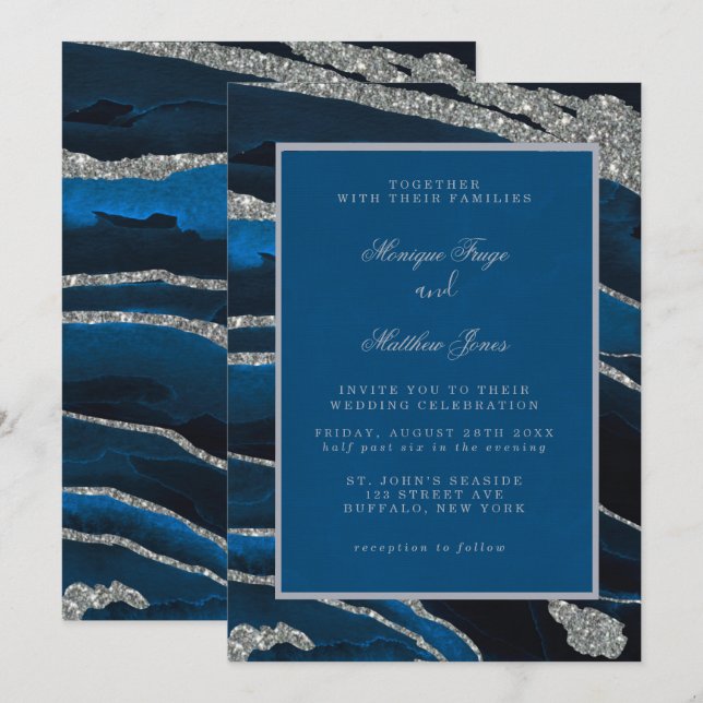 Navy Blue & Silver Glitter Agate Wedding Invitatio Invitation (Front/Back)