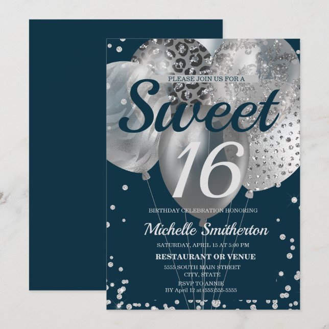 Navy Blue Silver Glitter Balloon Sweet 16 Birthday Card (Front/Back)